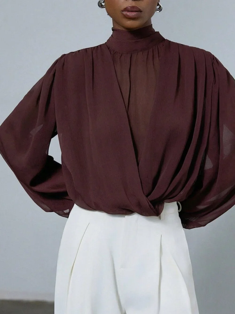 Rusty Rose Elegant Women's Tie Neck Detail Mock Neck Blouse - Picture 4 of 5